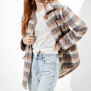 AE OVERSIZED PLAID BUTTON UP JACKET SHACKET SHERPA